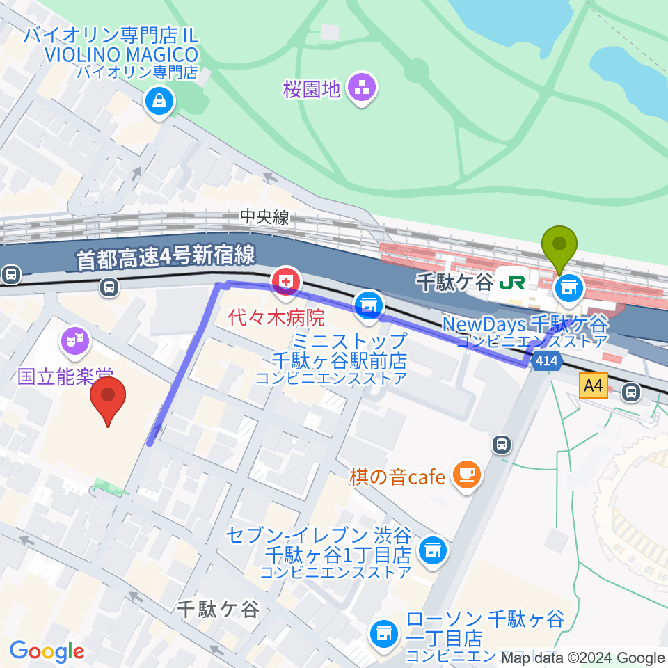 千駄ケ谷駅から国立能楽堂へのルートマップ地図