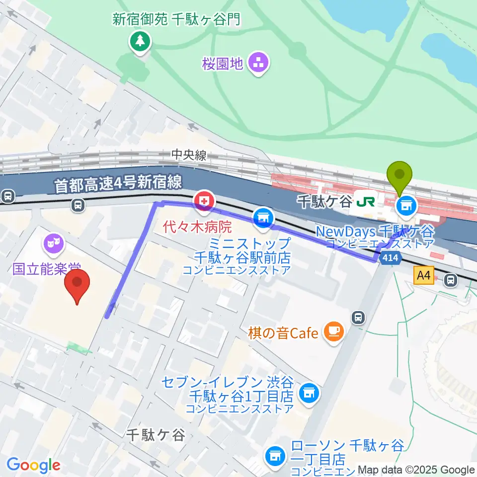 千駄ケ谷駅から国立能楽堂へのルートマップ地図