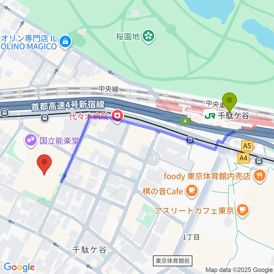 千駄ケ谷駅から国立能楽堂へのルートマップ地図