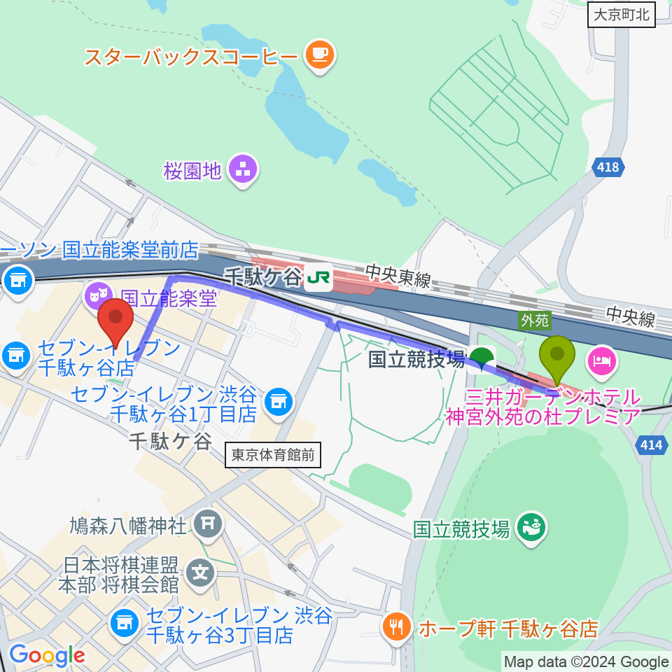 国立競技場駅から国立能楽堂へのルートマップ地図