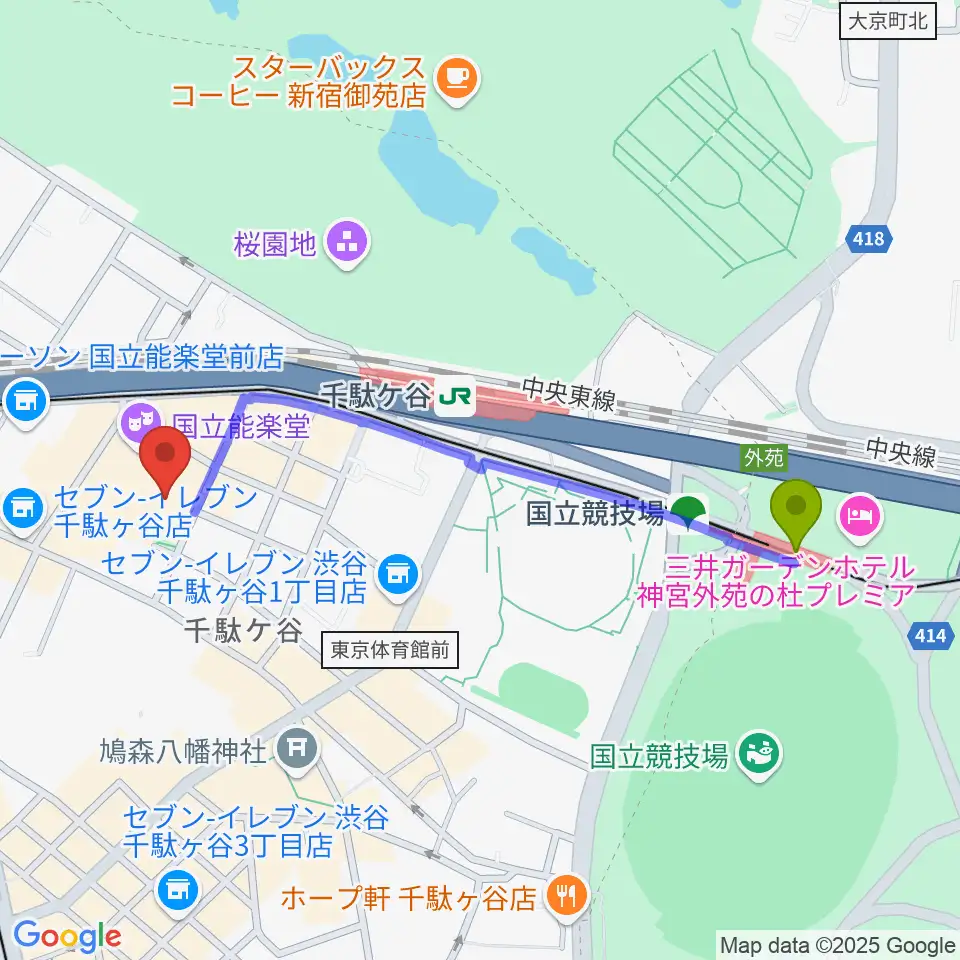 国立競技場駅から国立能楽堂へのルートマップ地図