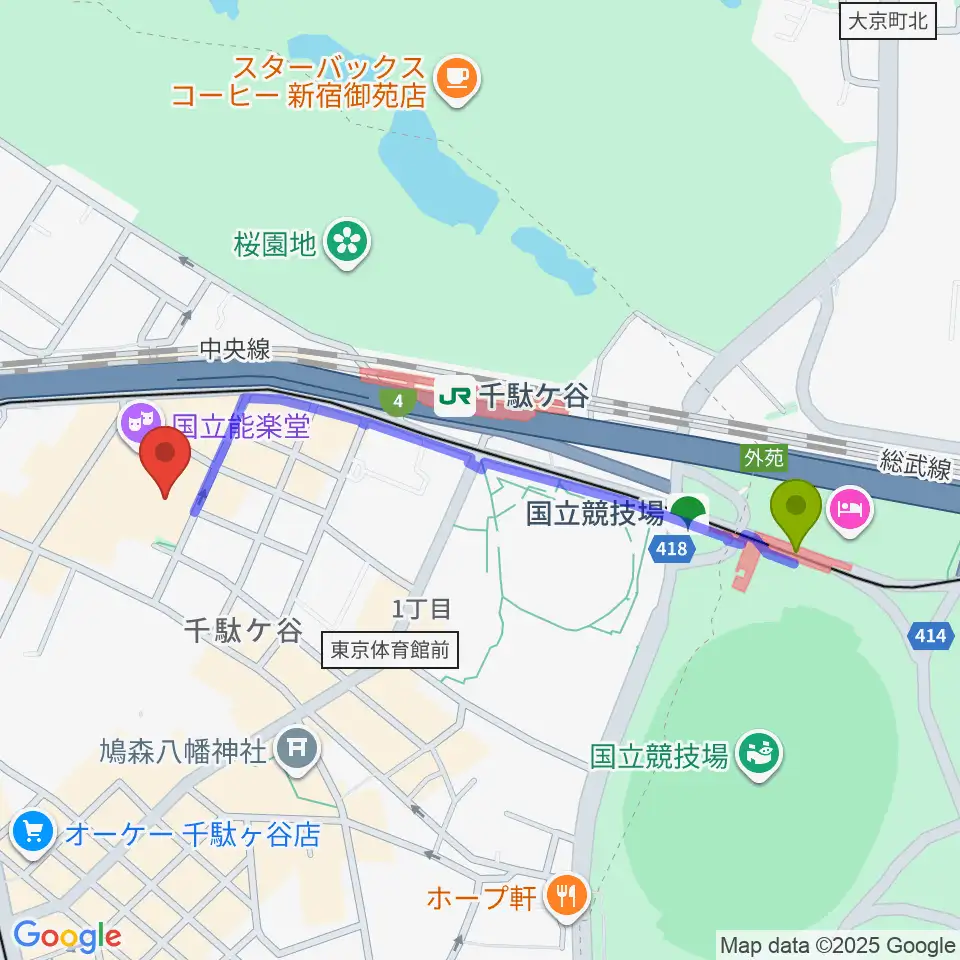 国立競技場駅から国立能楽堂へのルートマップ地図