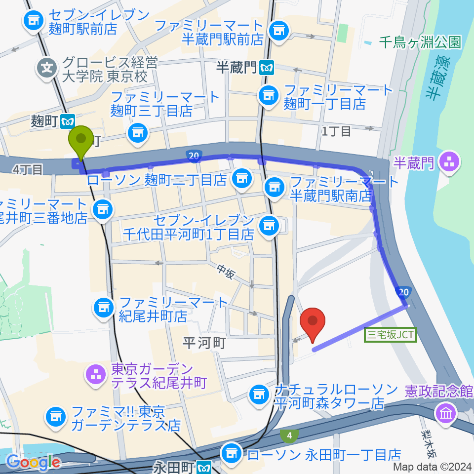 麹町駅から国立演芸場へのルートマップ地図