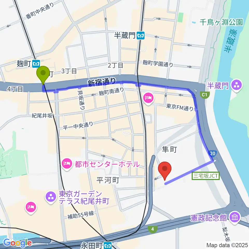 麹町駅から国立演芸場へのルートマップ地図