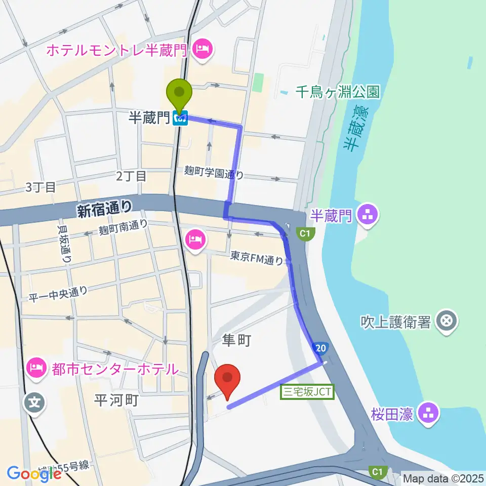 国立演芸場の最寄駅半蔵門駅からの徒歩ルート（約9分）地図