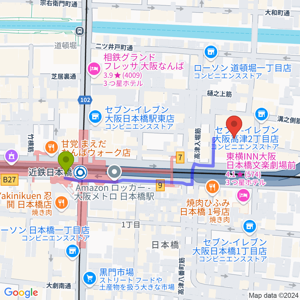 国立文楽劇場の最寄駅近鉄日本橋駅からの徒歩ルート（約4分）地図