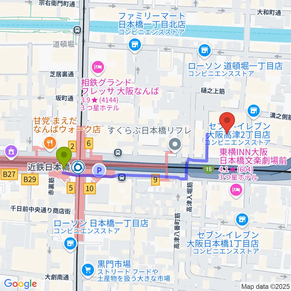 国立文楽劇場の最寄駅近鉄日本橋駅からの徒歩ルート（約4分）地図