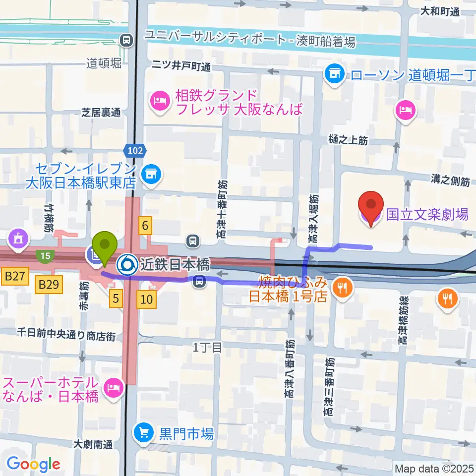 国立文楽劇場の最寄駅近鉄日本橋駅からの徒歩ルート（約4分）地図
