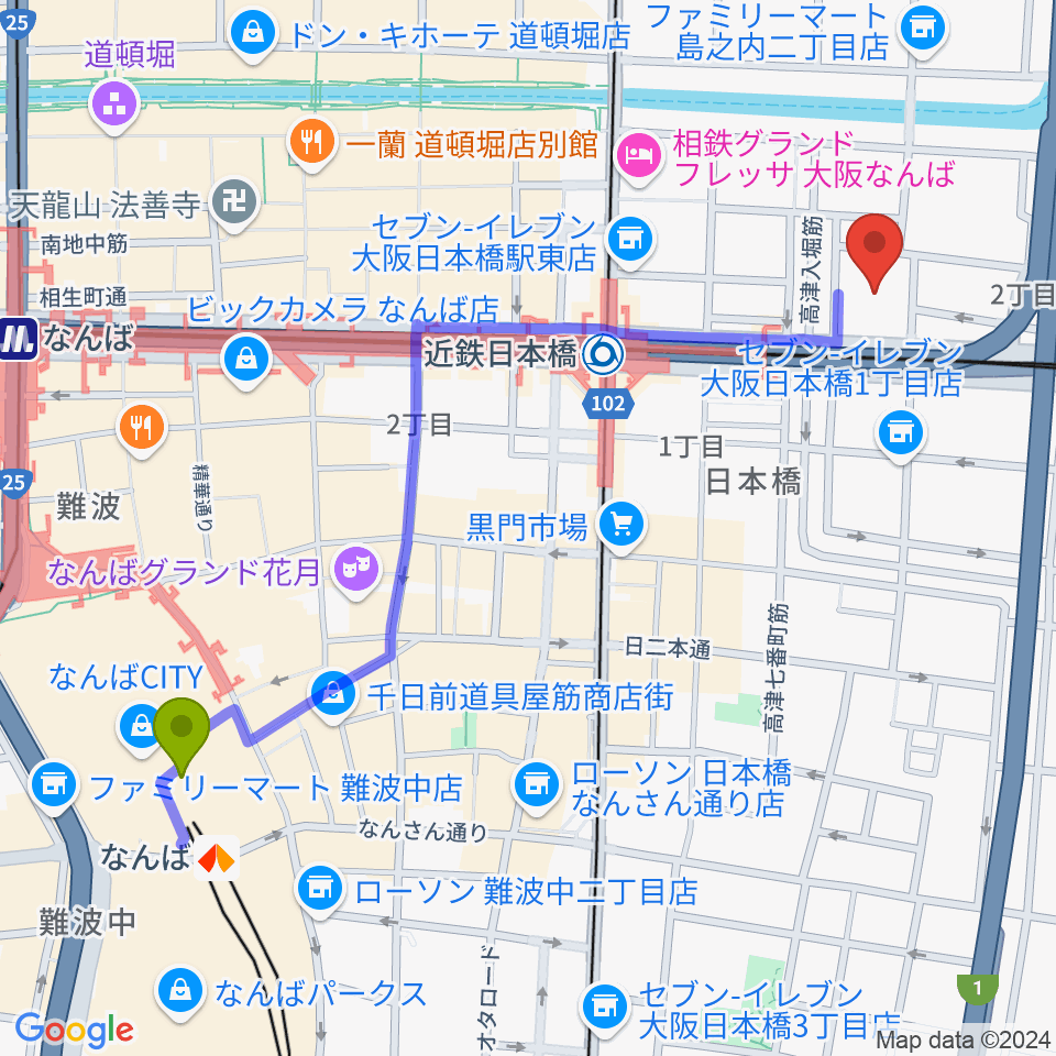 難波駅から国立文楽劇場へのルートマップ地図