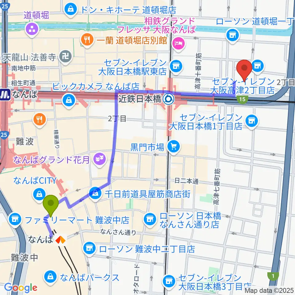 難波駅から国立文楽劇場へのルートマップ地図