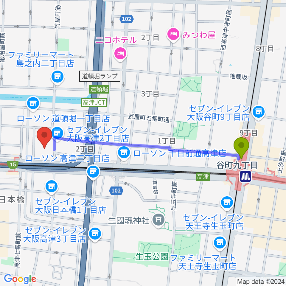 谷町九丁目駅から国立文楽劇場へのルートマップ地図