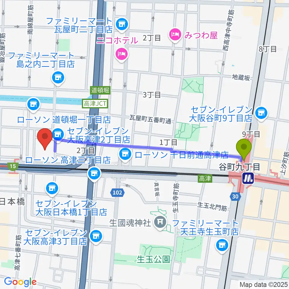 谷町九丁目駅から国立文楽劇場へのルートマップ地図