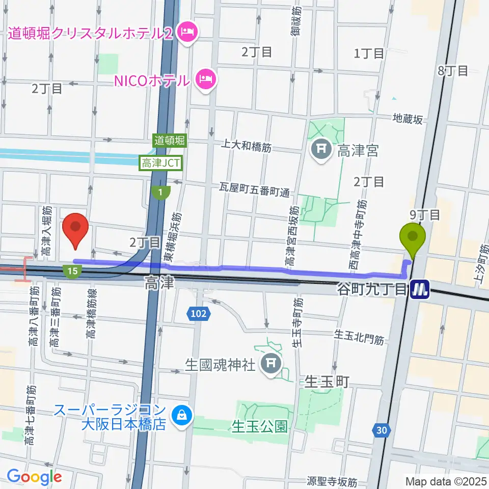 谷町九丁目駅から国立文楽劇場へのルートマップ地図