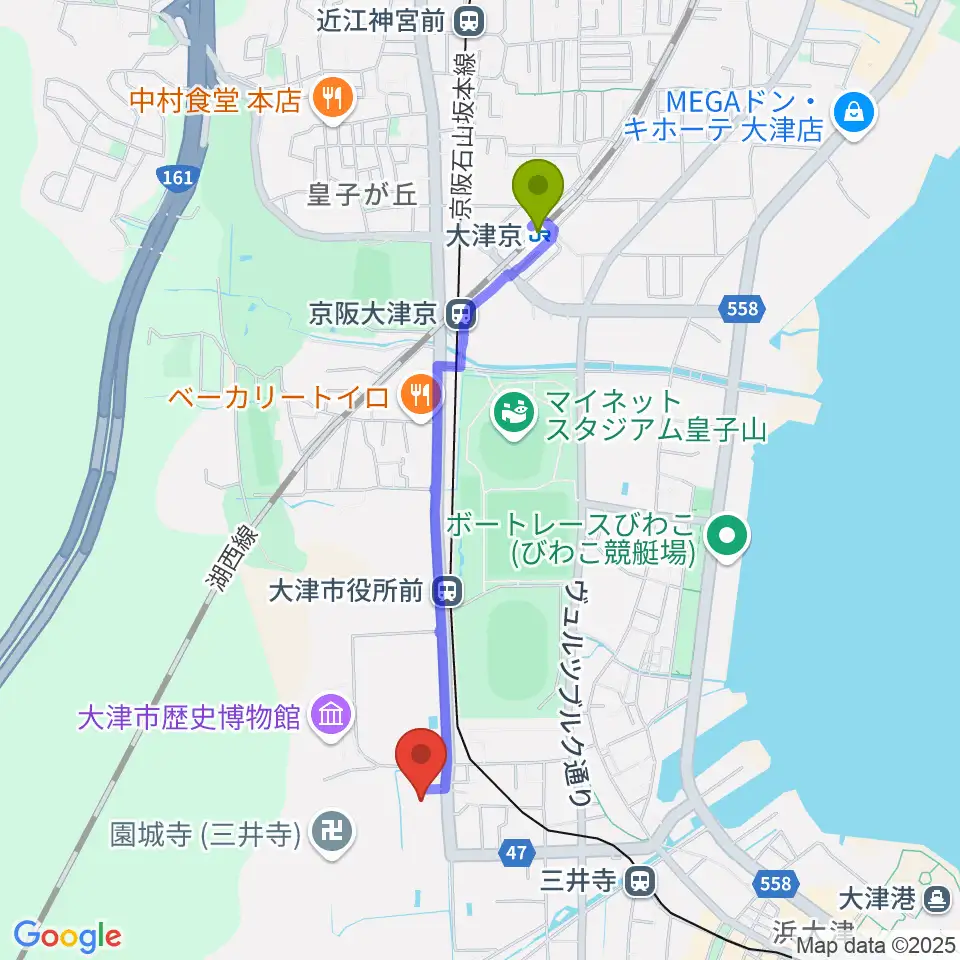 大津京駅から大津市伝統芸能会館へのルートマップ地図