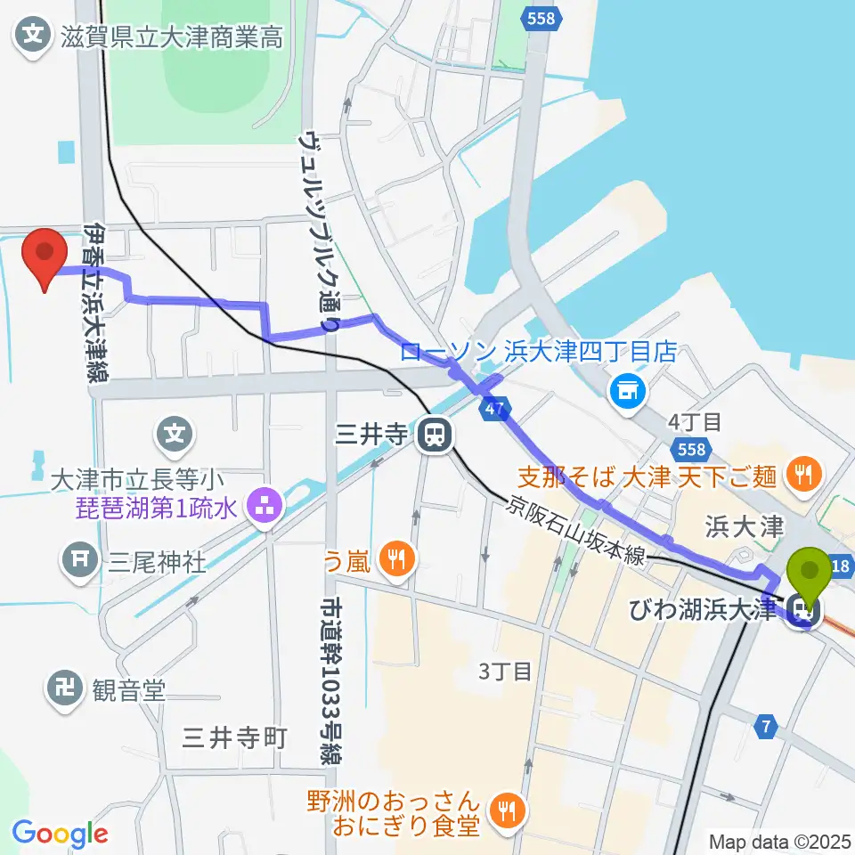 びわ湖浜大津駅から大津市伝統芸能会館へのルートマップ地図
