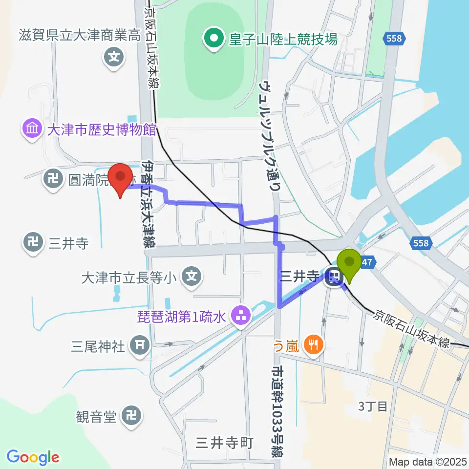 三井寺駅から大津市伝統芸能会館へのルートマップ地図