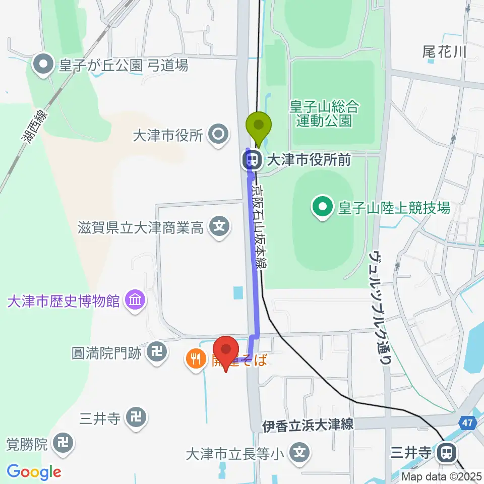 大津市伝統芸能会館の最寄駅大津市役所前駅からの徒歩ルート（約7分）地図