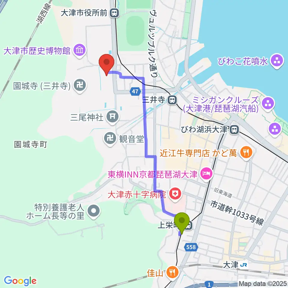 上栄町駅から大津市伝統芸能会館へのルートマップ地図