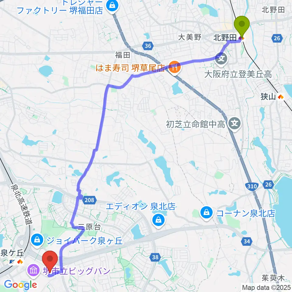 北野田駅からパンジョホールへのルートマップ地図