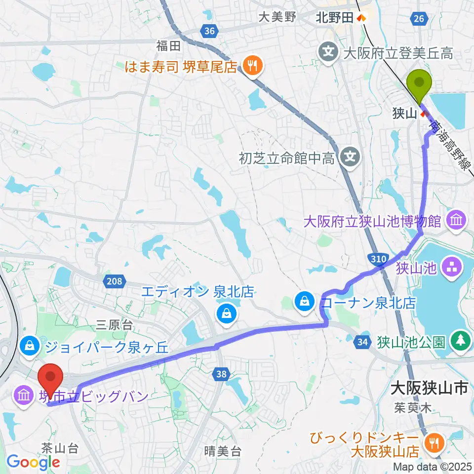 狭山駅からパンジョホールへのルートマップ地図