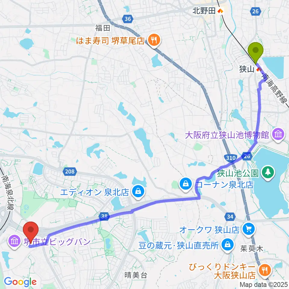狭山駅からパンジョホールへのルートマップ地図