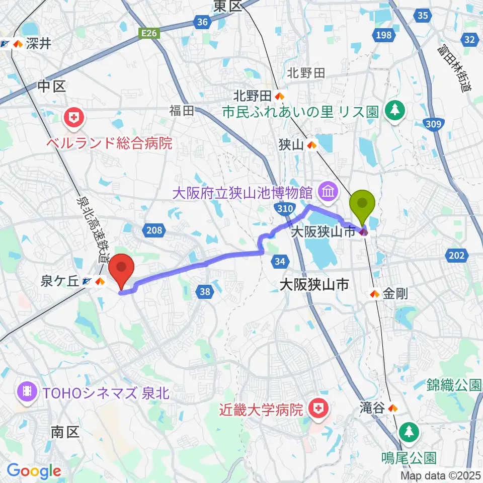 大阪狭山市駅からパンジョホールへのルートマップ地図