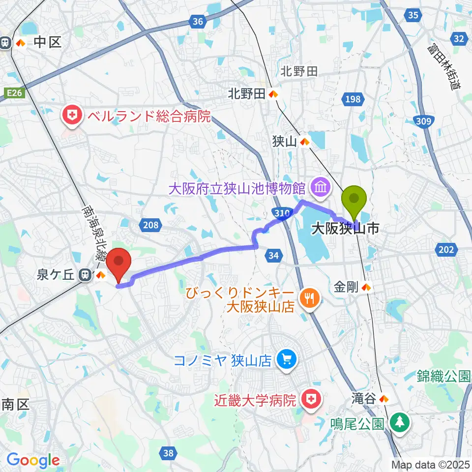 大阪狭山市駅からパンジョホールへのルートマップ地図