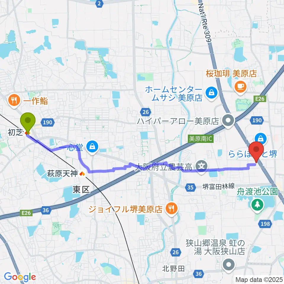 初芝駅から堺市立美原文化会館アルテベルへのルートマップ地図