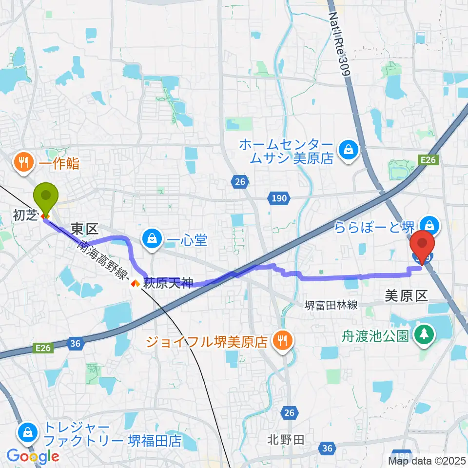 初芝駅から堺市立美原文化会館アルテベルへのルートマップ地図