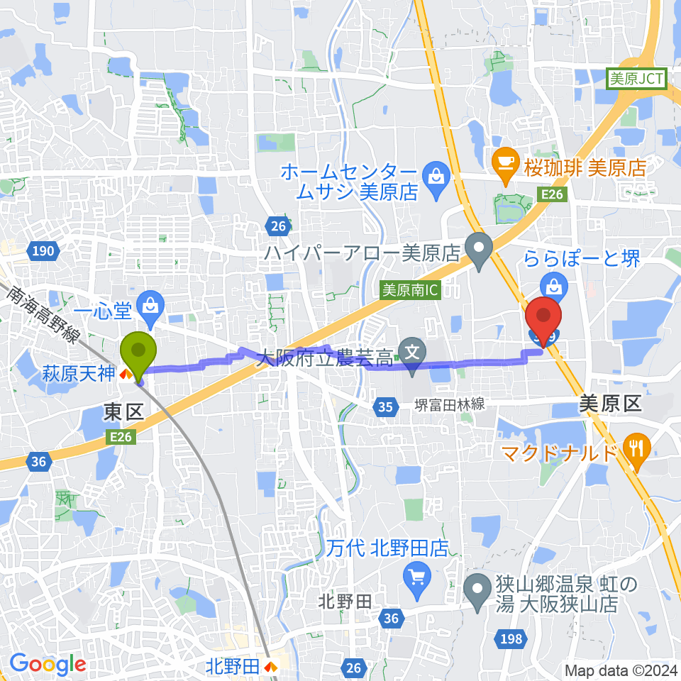 堺市立美原文化会館アルテベルの最寄駅萩原天神駅からの徒歩ルート（約38分）地図