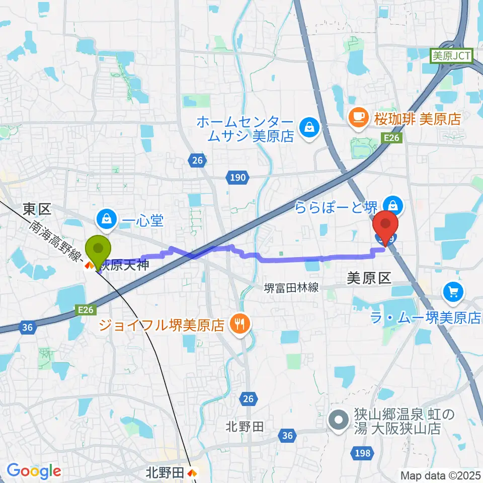 堺市立美原文化会館アルテベルの最寄駅萩原天神駅からの徒歩ルート（約38分）地図