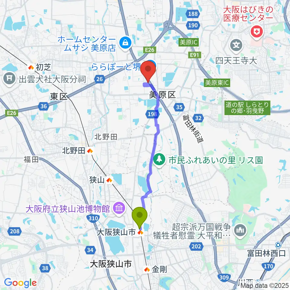 大阪狭山市駅から堺市立美原文化会館アルテベルへのルートマップ地図