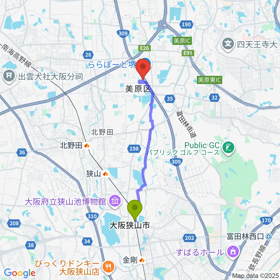 大阪狭山市駅から堺市立美原文化会館アルテベルへのルートマップ地図