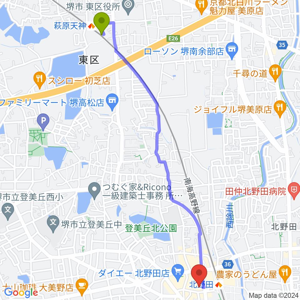 萩原天神駅から堺市立東文化会館へのルートマップ地図