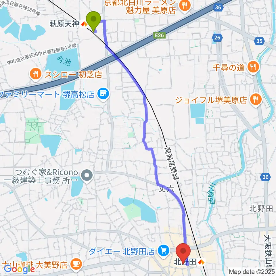 萩原天神駅から堺市立東文化会館へのルートマップ地図