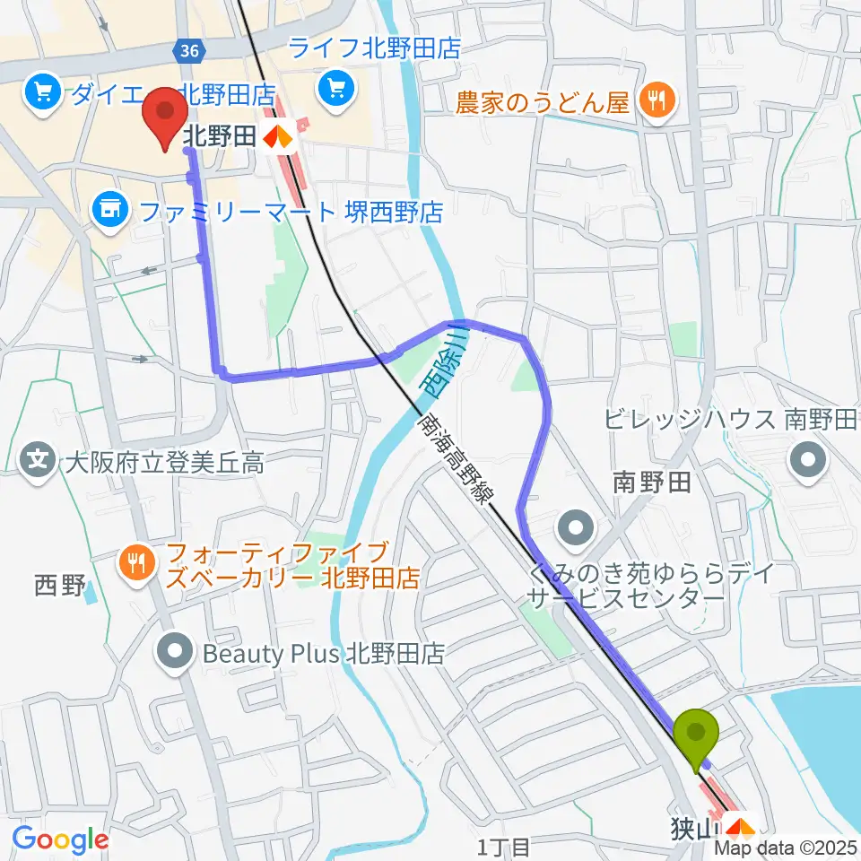 狭山駅から堺市立東文化会館へのルートマップ地図