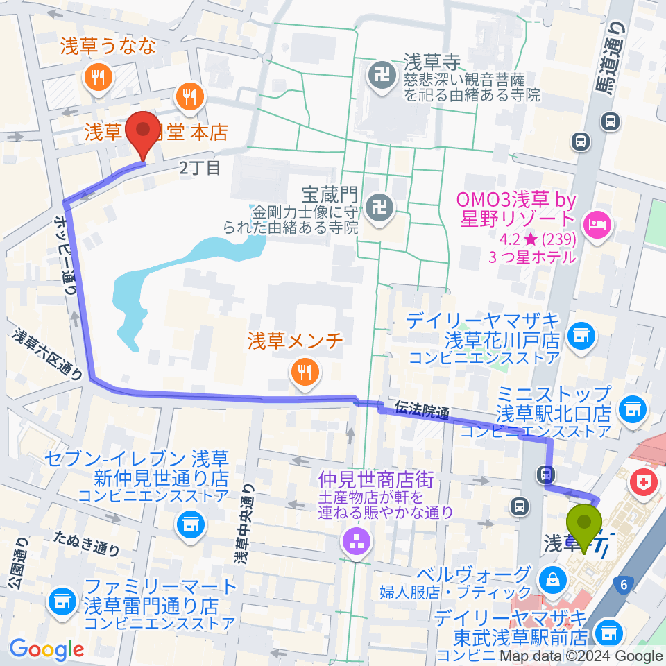 浅草駅から浅草木馬亭へのルートマップ地図