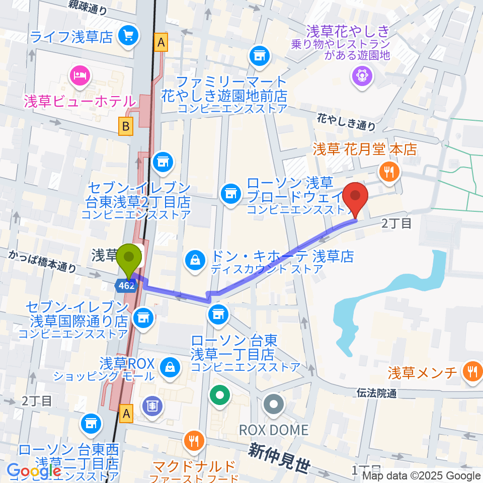 浅草木馬亭の最寄駅浅草駅からの徒歩ルート（約4分）地図