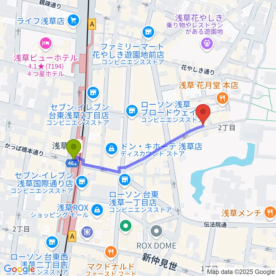 浅草木馬亭の最寄駅浅草駅からの徒歩ルート（約4分）地図