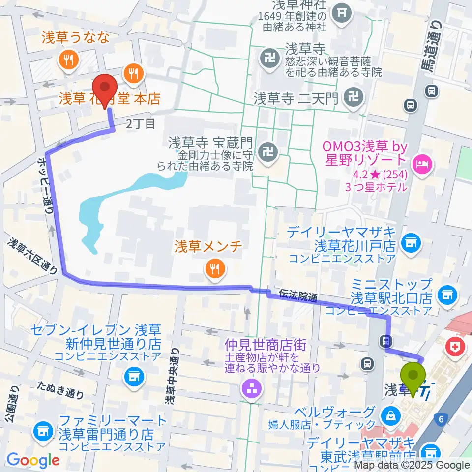 浅草駅から浅草木馬館へのルートマップ - MDATA