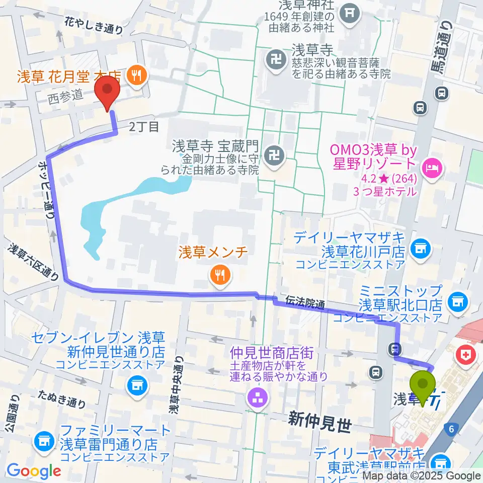 浅草駅から浅草木馬館へのルートマップ地図