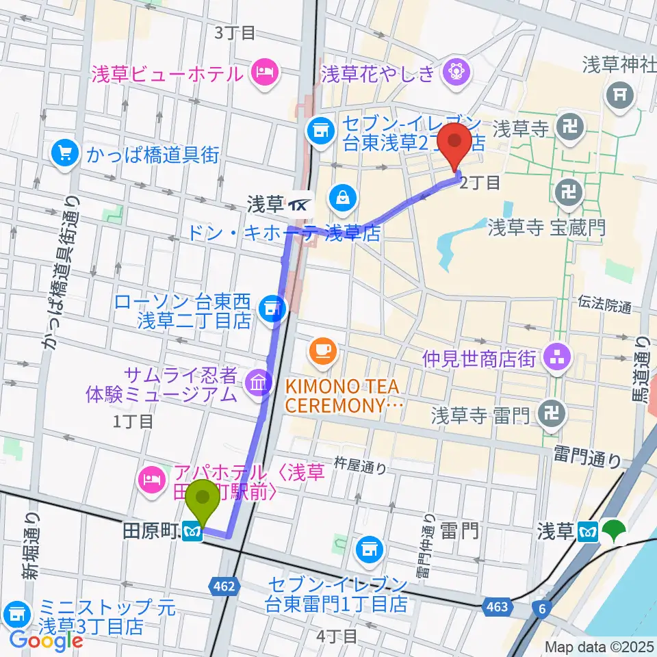 田原町駅から浅草木馬館へのルートマップ地図