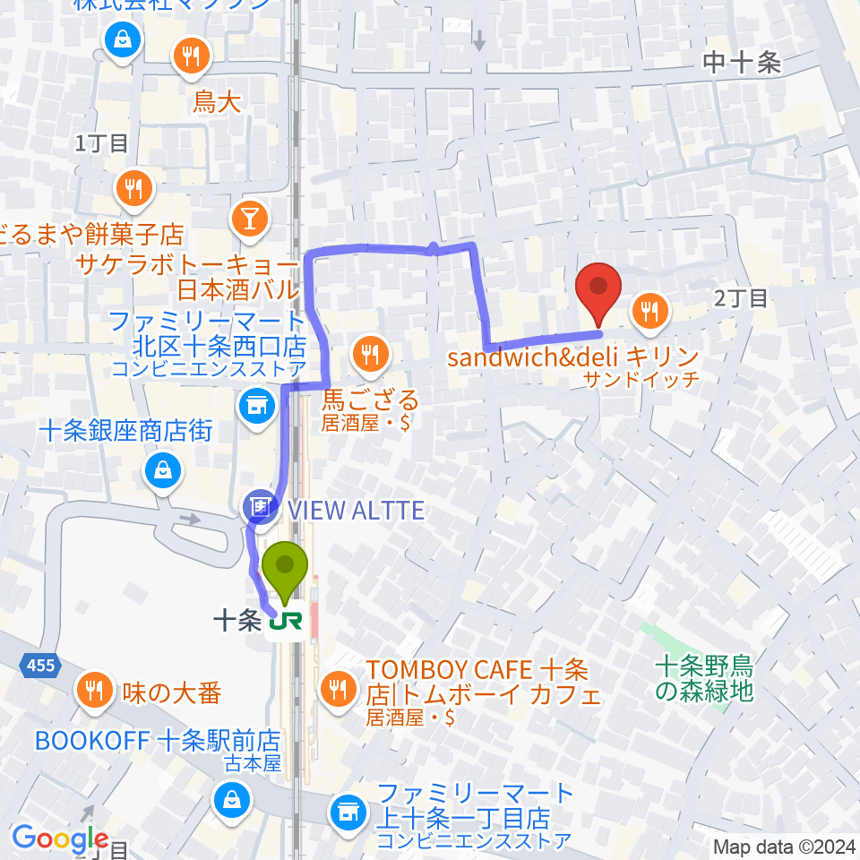 篠原演芸場の最寄駅十条駅からの徒歩ルート（約4分）地図