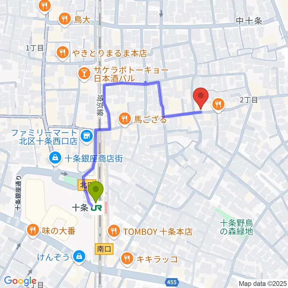 篠原演芸場の最寄駅十条駅からの徒歩ルート（約4分）地図