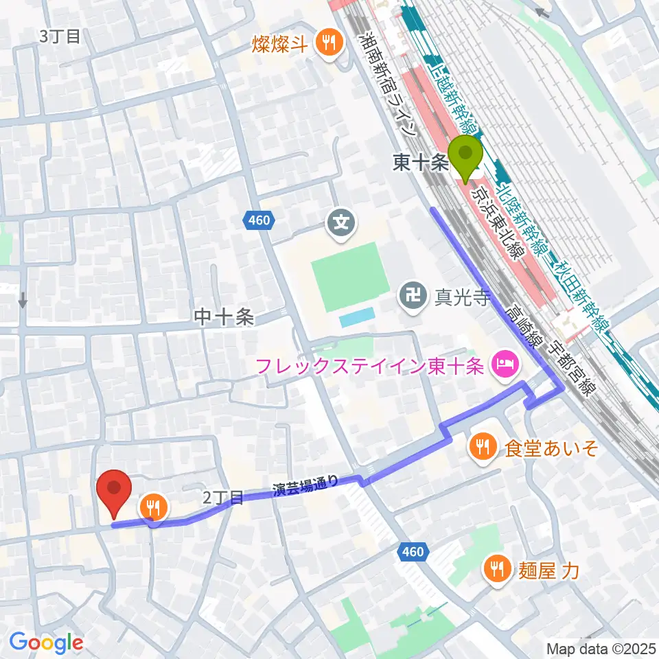 東十条駅から篠原演芸場へのルートマップ地図