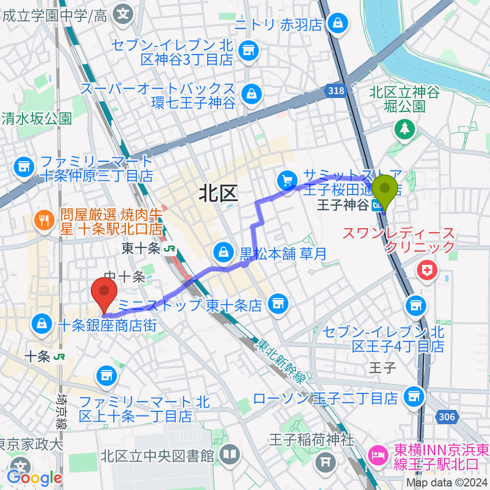 王子神谷駅から篠原演芸場へのルートマップ地図