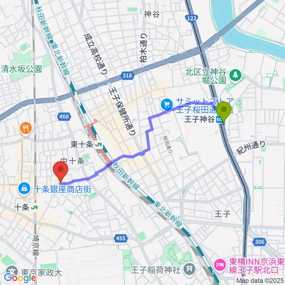 王子神谷駅から篠原演芸場へのルートマップ地図