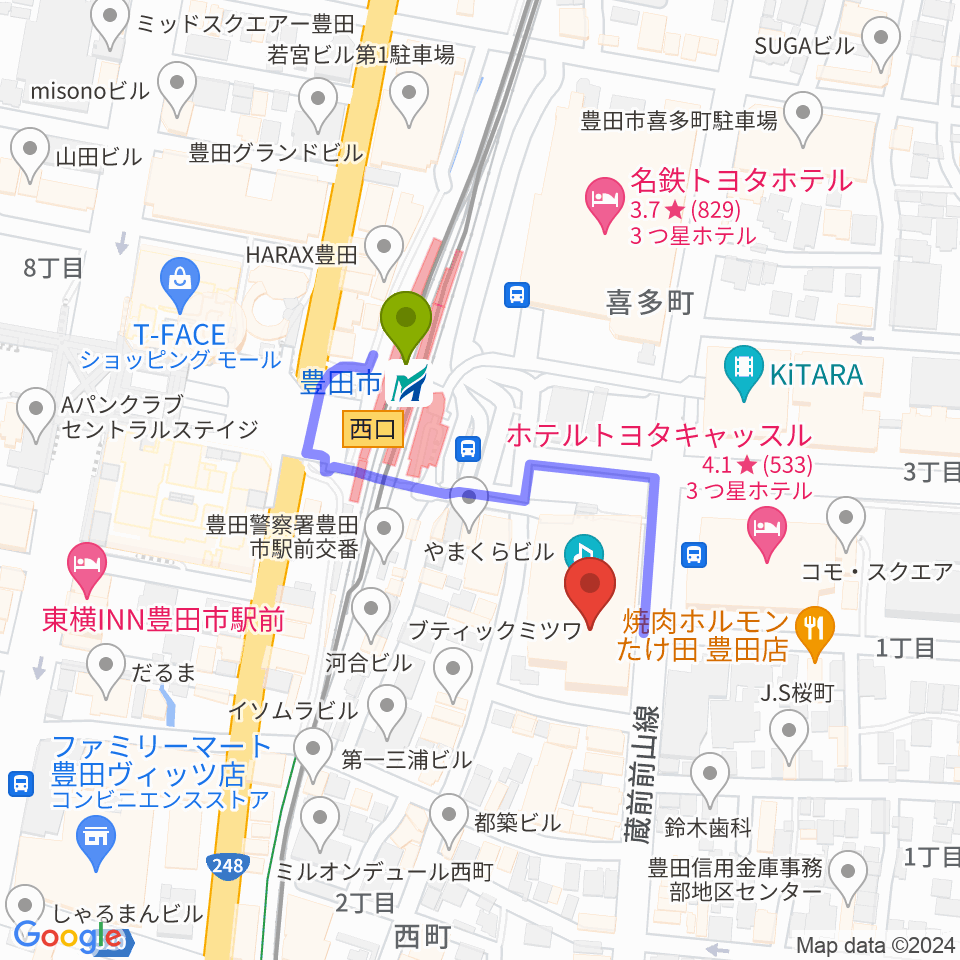 豊田市能楽堂の最寄駅豊田市駅からの徒歩ルート（約3分）地図