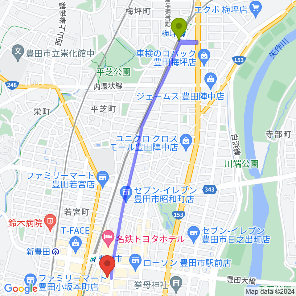 梅坪駅から豊田市能楽堂へのルートマップ地図