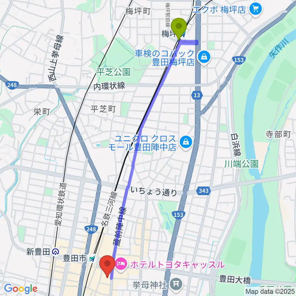 梅坪駅から豊田市能楽堂へのルートマップ地図
